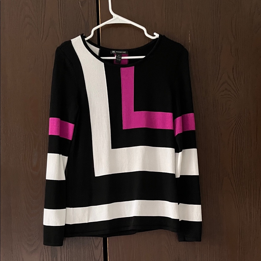 I.N.C long sleeved white, black and magenta striped sweater. Size Medium.